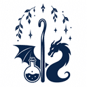 Un logo représentant un crochet avec une fiole de potion à sa gauche et un dragon à sa droite. Tout ceci surplombé de délicate feuilles tombante en arc de cercle tel un dom végétal.